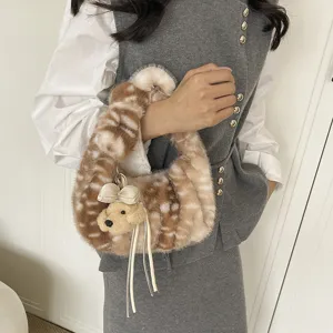 Otoño invierno bolso de felpa lindo patrón de ciervo bolso dumpling informal elegante mujer pequeño