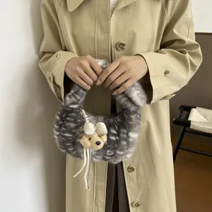 Bolso hobo de peluche esponjoso de otoño con diseño de ciervo y lindo cachorro para mujer.