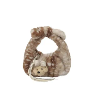 Bolso de mano de felpa suave con estampado de ciervo dumpling bag con bonito colgante de perro