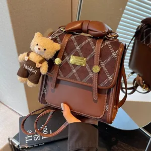 Women Fashion PU Leather Diamond Lattice Backpack Vintage Bow Small Backpack Daily Commute Aesthetic Bag With Plush Bear Pendant