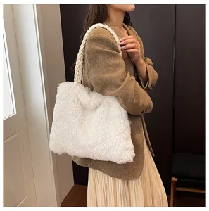 Bolso de hombro de felpa blanca de otoño invierno para mujer, bolso trenzado suave y esponjoso.