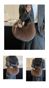 Sac porté épaule en peluche marron sac hobo duveteux nuage avec pendentif cœur hiver