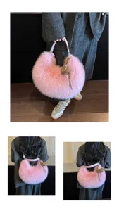 Sac a epaule en peluche rose, sac crescent duveteux avec sangle pour l'hiver quotidien.