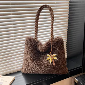 Bolso Tote de Peluche para Mujer Bolso de Hombro de Piel Sintética Gran Capacidad Con Asa Tejida Bolso Shopper Casual Diario