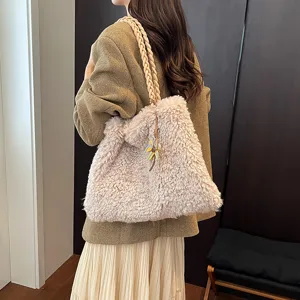 Elegante bolso tote suave de felpa otoño invierno con asa trenzada bolso de hombro
