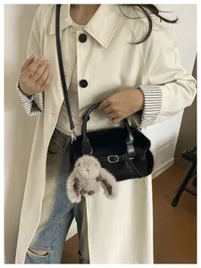Autumn winter plush furry crossbody bag for women with cute bunny charm fashion chic daily purse.