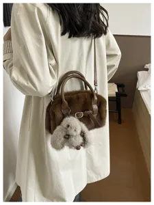 Women fluffy shoulder bag autumn winter plush crossbody handbag with cute bunny pendant