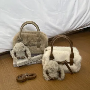Women's Trendy Fuzzy Plush Pillow Bag Autumn Winter Soft Faux Fur Crossbody Bag Chic Versatile Small Shoulder Bag With Bunny Charm