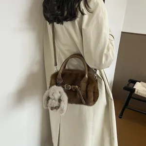Women Autumn Winter Brown Faux Fur Crossbody Bag Plush Pillow Bag with Cute Bunny Pendant