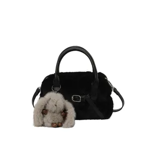 Trendy autumn winter black fluffy plush crossbody bag pillow bag with cute rabbit charm