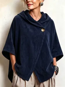 Women's Navy Blue Corduroy Hooded Cape Jacket Casual Loose Autumn Winter Outerwear