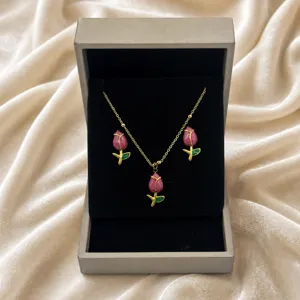 Exquisite Enamel Tulip Flower Necklace And Earrings Set Gold Plated Floral Jewelry Gift Box