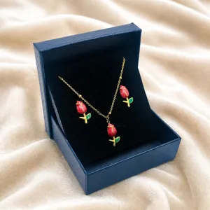 Enamel rose flower necklace and earrings jewelry set for women, delicate design clavicle chain.
