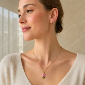 Stunning enamel flower necklace and earrings set featuring a delicate tulip pendant for women.