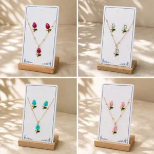 Stainless Steel Enamel Rose Flower Necklace Earring Jewelry Set Colorful Floral Pendant Clavicle Chain For Women Jewelry Gift