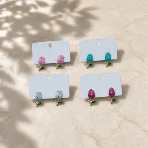 Colorful enamel tulip earrings set, niche design sweet style metal stud earrings for women daily.