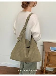 Geweven shopper tas voor dames, vintage schoudertas, stijlvolle groene handtas voor dagelijks.