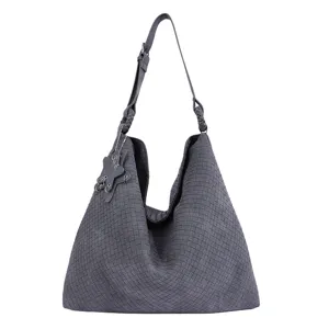 Klassieke grijze geweven schoudertas voor dames, stijlvolle hobo tote tas voor dagelijks gebruik.