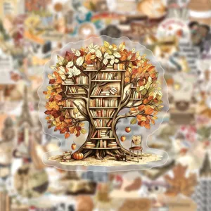 Adesivo vintage albero libri autunno, adesivo decorativo impermeabile per diario.