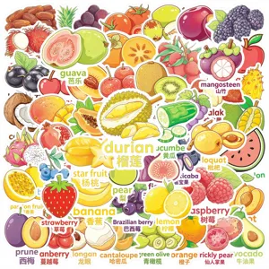 Cute fruit stickers set featuring cartoon designs with English and Chinese labels for DIY crafts.