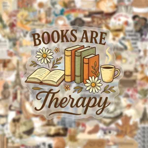 Dettaglio adesivo estetico di lettura vintage con libri, tazza di caffè e citazioni.