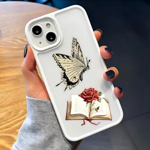 Custodia protettiva per telefono bianca con farfalla vintage e grafica di rosa rossa.