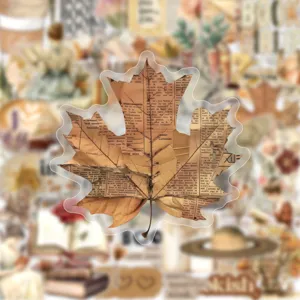 Vintage maple leaf sticker, transparent waterproof journaling decal, aesthetic reading stationery art.
