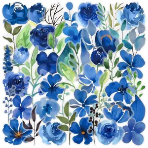 Blue watercolor floral PET stickers, transparent DIY decorative art decals for desktop.