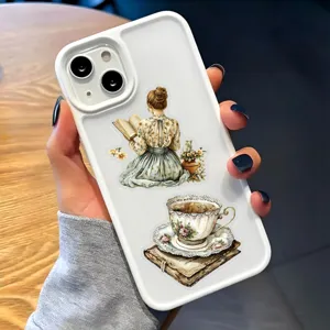 Clear phone case featuring vintage literary illustration stickers, protective design.