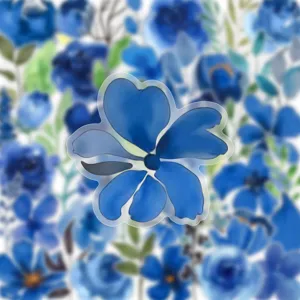 Blue watercolor floral PET sticker detail, transparent aesthetic diy decoration for journal laptop.