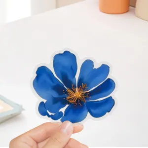 Blue ink flower PET sticker detail, transparent floral decorative sticker for DIY crafts.