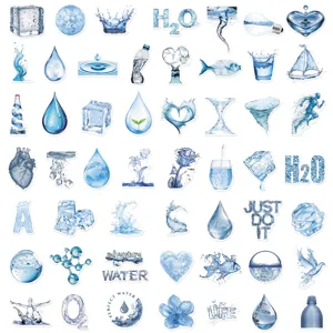 Dettagli adesivi tema acqua, design estetico blu acquerello, pacchetto materiale impermeabile.
