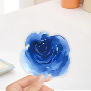 Blue watercolor rose PET sticker detail shot, transparent DIY floral art for your desk.