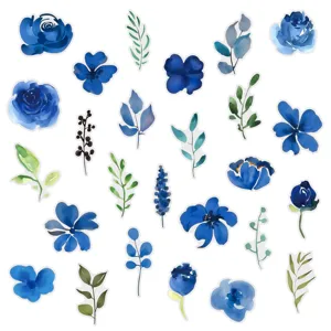 Blue watercolor flower PET stickers set, decorative waterproof floral decals for DIY crafts.