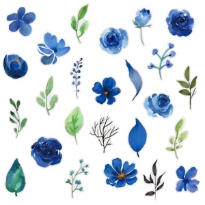 Detailed view of blue watercolor floral stickers, elegant botanical PET sticker elements.