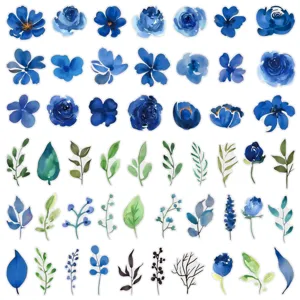 Detailed view of blue watercolor floral and leaf stickers showing exquisite artistic patterns.