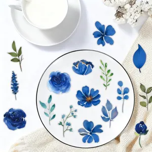 Blue watercolor flower PET stickers detail view, aesthetic transparent DIY journal decor.