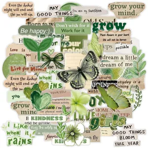 Detail view of aesthetic green motivational quote scrapbook waterproof stickers collection pack.