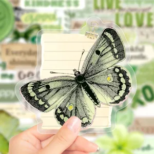 Retro green butterfly transparent waterproof journaling sticker, aesthetic decor.