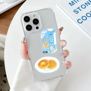 Clear phone case with cute watercolor food illustrations, transparent protective cover detail.