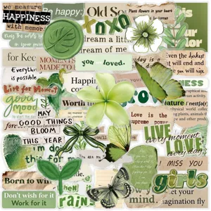 Vintage green botanical sticker pack, waterproof aesthetic scrapbook decals for journal 50pcs