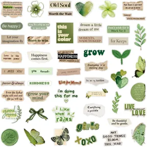 Detailed view of green retro motivational quote stickers featuring leaves and butterflies closeup.
