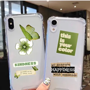 Transparent phone case featuring vintage green botanical and motivational quote stickers.