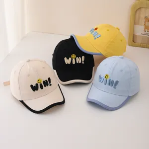 Cute baby baseball cap with embroidery letter design, soft cotton infant sun hat for spring.