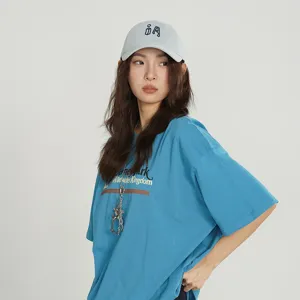 Stylish Korean style embroidered letter baseball cap and casual blue t-shirt for daily wear.