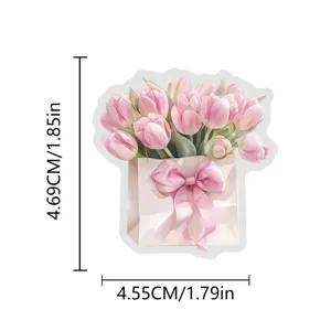 Waterproof watercolor pink tulip sticker with bow gift bag design, 4.69x4.55cm compact size.