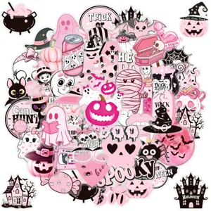 Pink Halloween Stickers Waterproof PET Decals Cute Ghost Pumpkin Skull Graffiti Stickers For Journal Water Bottle DIY Craft