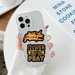 Custodia per cellulare trasparente con adesivi biblici cristiani giallo neon, elegante e resistente.