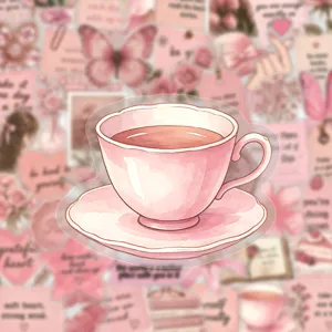 Watercolor pink teacup sticker aesthetic journaling waterproof PET sticker for water bottle