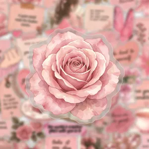 Close-up detail of a delicate pink watercolor rose PET waterproof sticker for journal decoration.